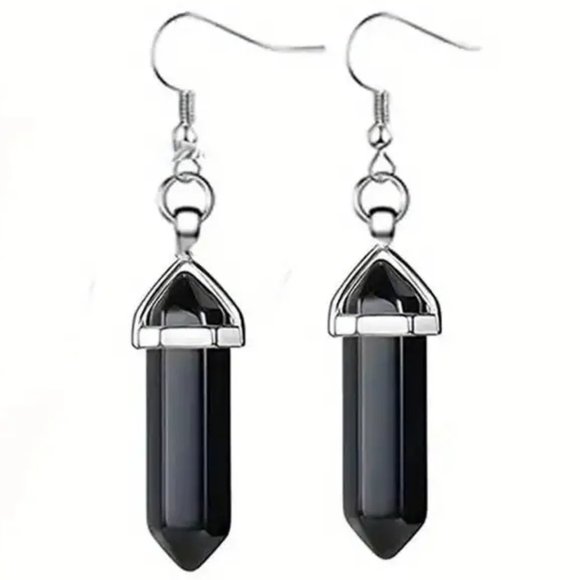 Obsidian Black Natural Stone Gemstone Handmade Hexagon Point Dangle Earrings - Picture 1 of 2